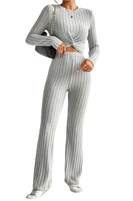 Compleu casual cu aspect impletit Wayana, bluza cu maneca lunga si pantaloni strech, Gri