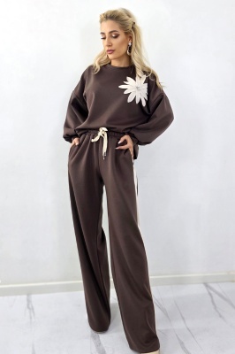 Compleu casual in tendinte, cu motiv floral KEORA, bluza si pantaloni oversize, Maro,