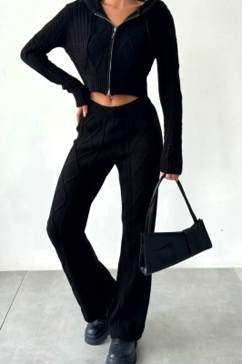 Compleu casual din tricot TOREN, bluza scurta cu fermoar si pantaloni, Negru, marime universala