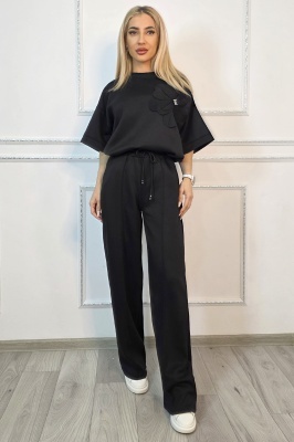 Set negru dama cu talie elastica si snur
