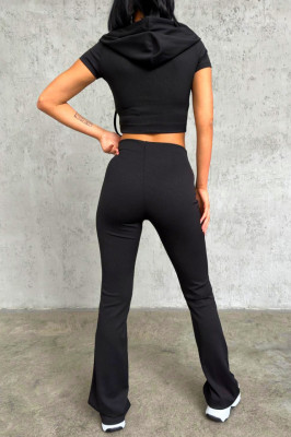 Compleu casual Tenis, bluza crop cu maneca scurta si pantaloni evazati, Negru 4