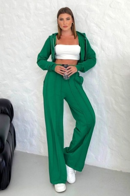 Compleu casual WalKING Time, hanorac si pantaloni cu dungi in relief, Verde 2