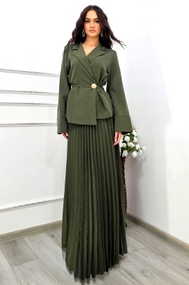 Compleu cu fusta plisata LUNIS, si sacou cu brosa, Verde, Marime S/M/L