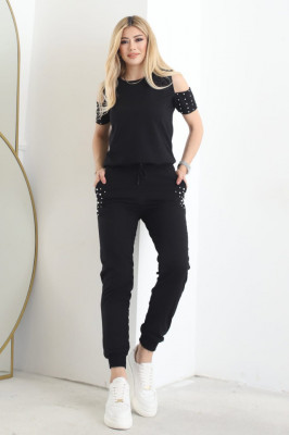 Compleu cu perle Jupiter, pantaloni si bluza cu maneca scurta, Negru1