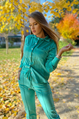 Compleu de catifea Aurora , pantaloni si camasa, Turqoise, Marime S/M 2
