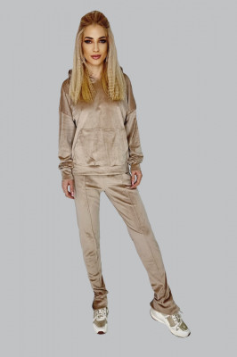 Compleu de catifea Big Zip, pantaloni cu fermoar vertical pe picior si bluza in doua variante de purtare (cu gluga sau cu guler/rever), Crem, Marime universala S/M1