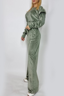 Compleu de catifea Miley bluza si pantaloni evazati kaki-lateral