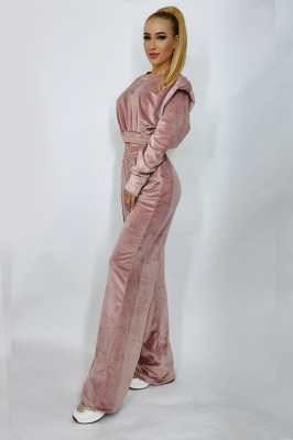 Compleu de catifea Miley bluza si pantaloni evazati roz-lateral