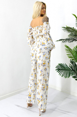 Compleu de vara Bouquet, pantaloni lejeri si camasa cu volane, Alb, Marimea S/M/L spate