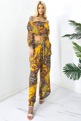 Compleu de vara Bouquet, pantaloni lejeri si camasa cu volane, Galben Leopard, Marimea S/M/L 3