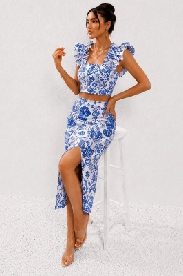 Compleu de vara print royal ORLINEA, cu fusta si top bardot, Blue