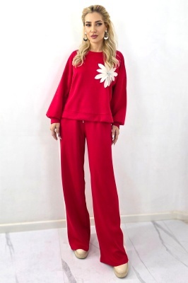 Compleu de zi KEORA, bluza cu detaliu floral si pantaloni lejeri, Rosu, Marime S/M/L