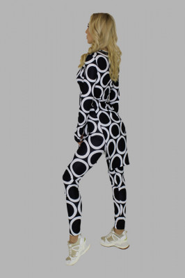 Compleu din doua piese Wonder Dots, imprimeu cu tonuri realiste, bluza cu slituri laterale si pantaloni cu textura elastica, Alb/Negru2