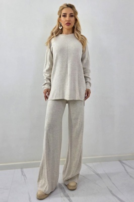 Compleu dungi centrate, ELETRA, pantaloni cu buzunare si bluza lunga, Crem, Marime M/L
