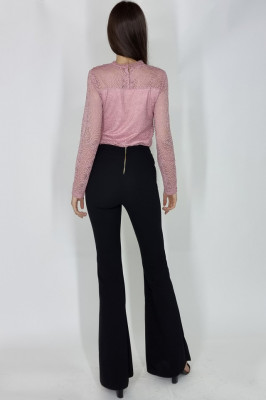 Compleu Federica, camasa cu efect brodat si pantalon evazat, Roz2