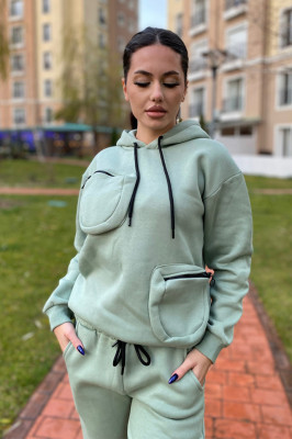 Compleu gros Alden, bluza cu gluga si pantaloni cu buzunare oversize exterioare si banda elastica la extremitati, Verde, Marime universala S/M