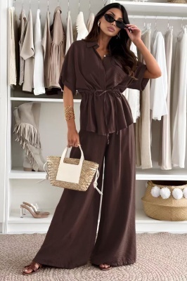 Compleu oversize AZMIRA, camasa kimono si pantaloni palazzo, Ciocolata, Marime S/M/L