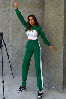 Compleu sport Bold Comfort, cu trei piese, hanorac decupat, top asortat si pantaloni cu dunga laterala, Verde 4