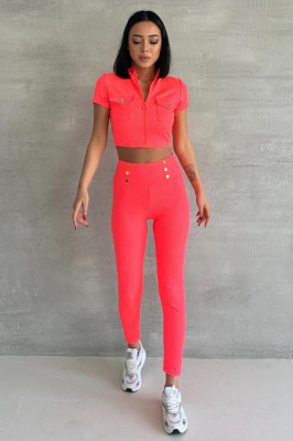 Compleu sport Walk, bluza scurta cu fermoar si pantaloni slim fit, Corai