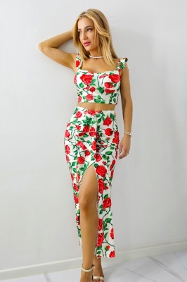 Compleu Summer Party, top cu volane si fusta cu imprimeu trandafiri, Alb, Marime S/M 3