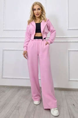 Compleu trei piese ELINA, cu bustiera, hanorac si pantaloni lejeri, Roz, Marime S/M