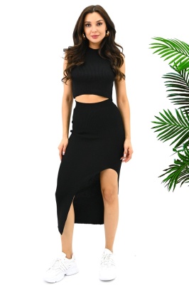Compleu tricot Matilde, top scurt si fusta lunga cu șliț, Negru 2