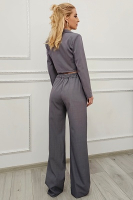 Costum casual de dama Elysian, cu sacou scurt si pantaloni wide leg, Gri Antracit, Marime S/M verso