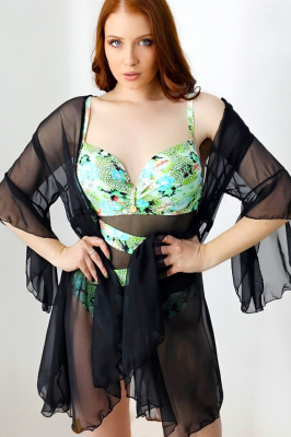 Costum de baie intreg MaXena, cu perle artizanale si panou cu tull, Verde Havana spate cu cardigan