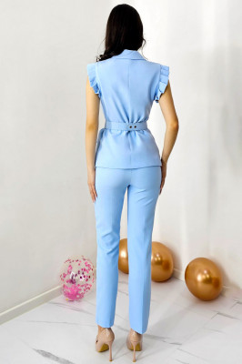 Costum elegant AmyShea, cu sacou fara maneca si pantaloni skinny, Albastru baby blue spate