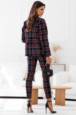 Costum elegant Nina, cu sacou, pantaloni tip pana si imprimeu in carouri, Negru, Marime S/M 1