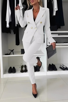 Costum elegant office Paolina, sacou, butoni aurii si pantaloni conici, Alb