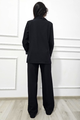 Costum office de dama Refined, cu panou piele eco si croiala vaporoasa, Negru, Marime M/L detaliu spate