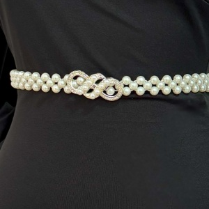 Curea elastica cu perle TYE, catarama decorativa Infinity si cristale, Alb detaliu lateral