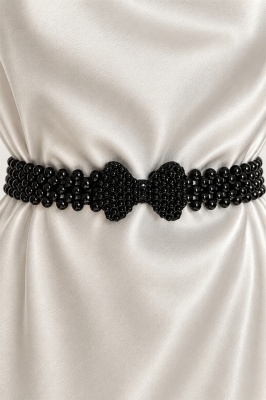 Curea elastica Heritage, cu perle si catarama funda, Black BOW