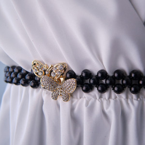 Curea elastica Pearly, catarama metalica decorativa si perle, Butterflies Negru 3