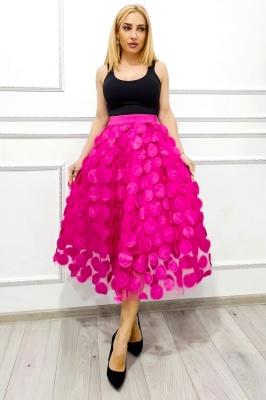 Fusta de ocazie Zefira, cu tull, aplicatii satinate si buline 3D, Fucsia, Marime S/M