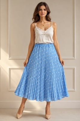 Fusta eleganta plisata IRISSA, cu buline si croi midi, Baby Blue, Marime S/M