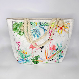 Geanta de plaja Genevie, cu imprimeu de vara si manere tip sfoara, Flamingo, 46x364