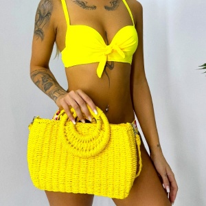 Geanta de plaja STRAW, crossbody, cu husa si lant detasabil, Galben 3