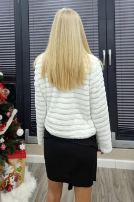 Haina din blana ecologica Feny, cu maneca lunga, lungime medie si accesoriu inclus, Alb, Marime universala M/L1