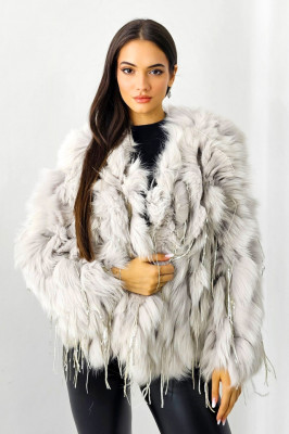 Haina eleganta Aylin, din blana naturala de vulpe, cu paiete asimetrice, Alb prafuit, Marime S/M/L 1
