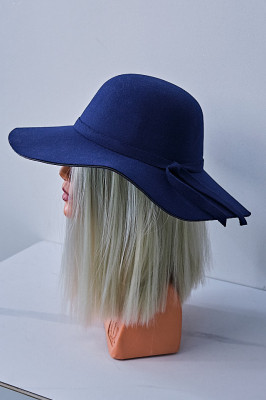 Palarie dama Vintage, cu bor lat si fundita, Bleumarin 3