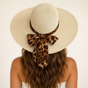 Palarie de plaja ANGIE, cu boruri mari si esarfa decorativa, Crem Animal print detaliu spate