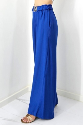 Pantaloni casual DIAFAN, croi lejer wide leg si curea decorativa, Albastru, Marime S/M/L lateral