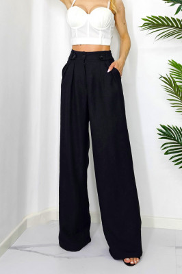 Pantaloni eleganti Tamy, cu pense, nasturi in talie decorativi si croiala Large evazata 1