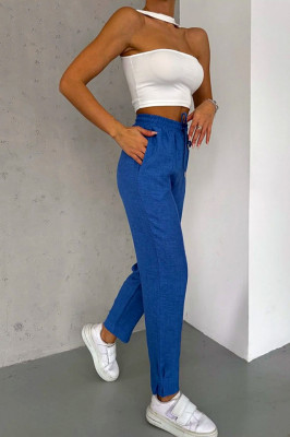 Pantaloni cu in Darys, croiala casual si detaliu plisat la baza piciorului, Albastru 1