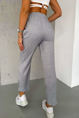 Pantaloni cu in, Darys, croiala casual si detaliu plisat la baza piciorului, Gri spate