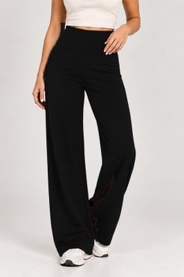 Pantaloni dama lycra OISO cu talie inalta, croi larg si banda lata, Negru