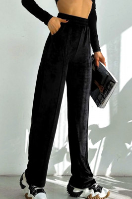 Pantaloni de catifea Touch, croiala lejera cu dunga pe picior, Negru 2