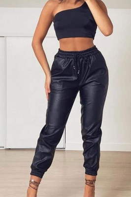 Pantaloni Delinde, din piele ecologica, cu talie inalta si extra-elastan